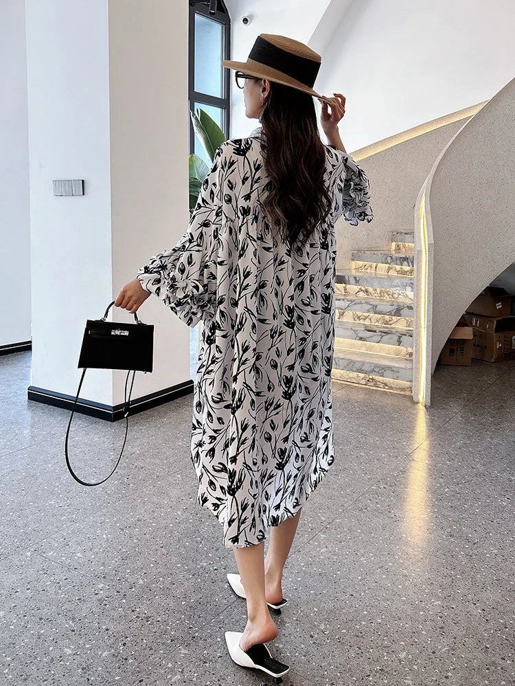 XITAO Asymmetrical Single Breasted Dresses Turn-down Collar Pocket Print Slimming Fashion Shirt Dress 2024 Summer New ZY8667