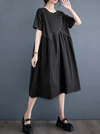 XITAO Patchwork Solid Dress Women Korea Summer New Arrival Personality Fashion Loose O-neck Short Sleeve Dress HQQ0786