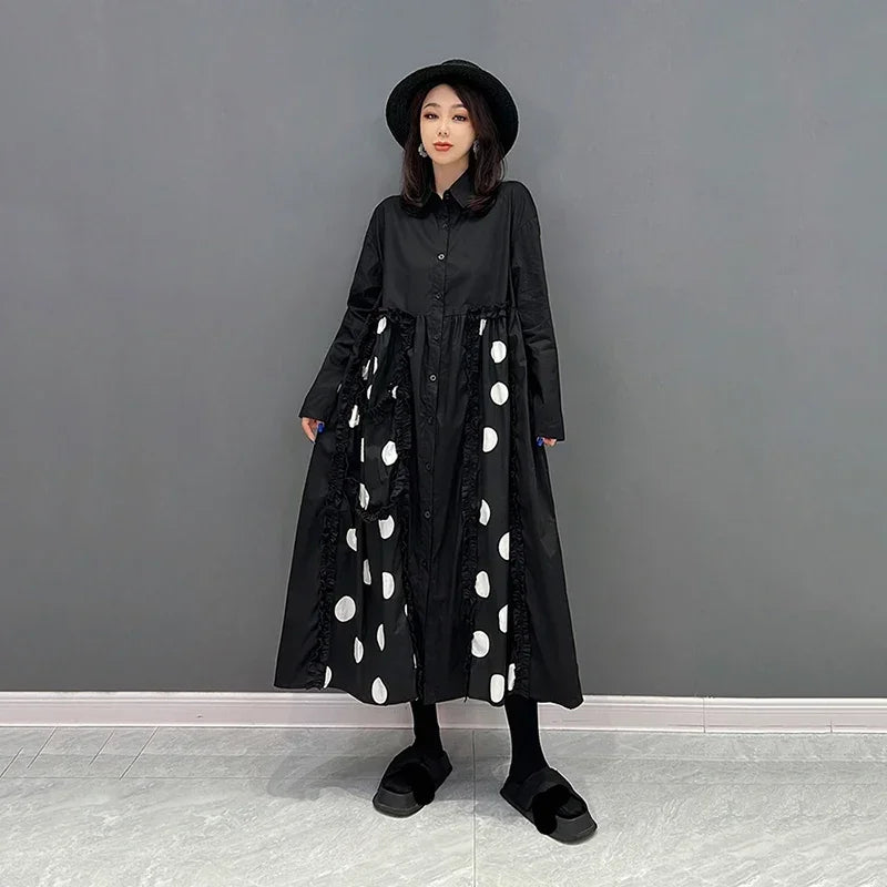 XITAO Fashion Contrast Color Dot Shirt Dress Loose Simplicity Edible Tree Fungus Splicing Hem Spring New Women Dress WLD8726