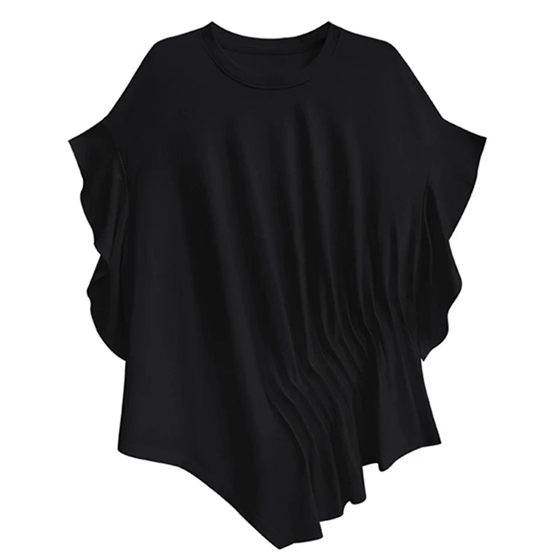 XITAO O-neck Irregular Solid Color T-shirt Fashion Loose Casual Simplicity Pleated Women Summer All-match Top ZY8838