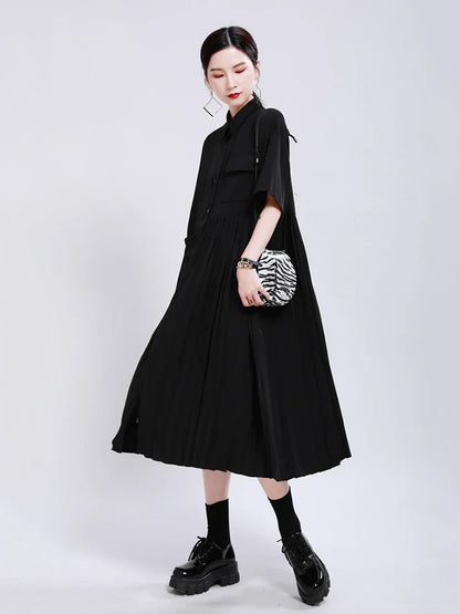 XITAO Patchwork Pleated Pocket Elegant Dress Women Clothes 2024 Summer New Fashion Turn Down Collar Loose Dresses DMY4747