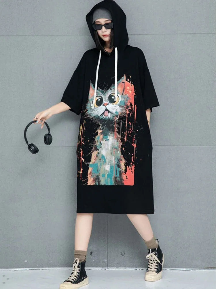 XITAO Hooded Drawstring Animal Print Casual Dress Loose Fitting Knee-length Half Sleeve Fashion New Summer Women Dress GMM1195