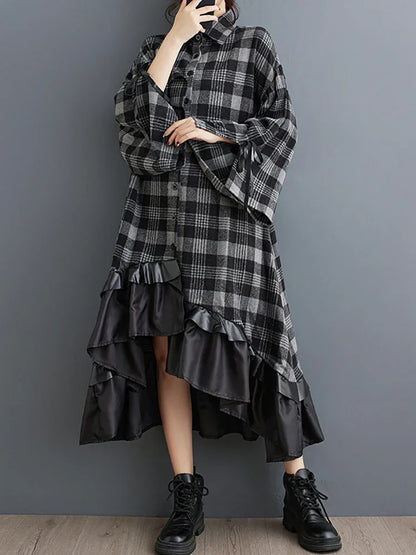 XITAO Plaid Flare Sleeve Asymmetrical Dress Single Breasted Turn-down Collar Patchwork Fashion Shirt Dresses 2024 Autumn LJ1010