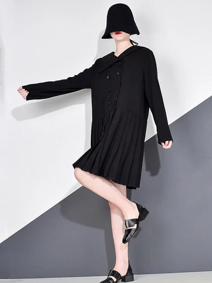 XITAO Patchwork Draped Casual Dress Women Spring Tide Fashion New Asymmetrical Collar Long Sleeve Double Breasted GCC4037