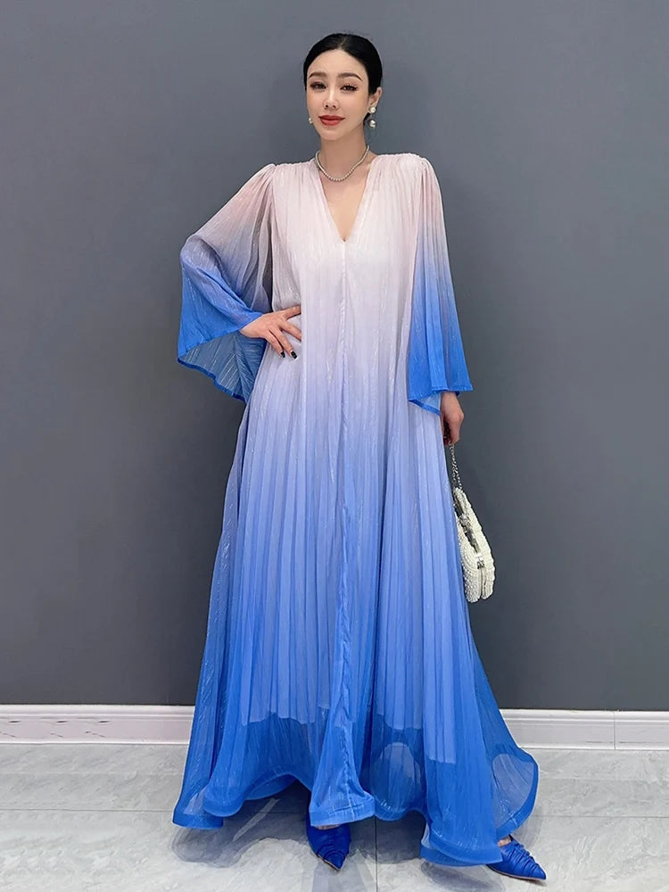 XITAO Gradient Gauze Dress Flare Sleeve Folds V-neck Collar Temperament  Women Long Dress Fashion Casual Loose New WLD20252