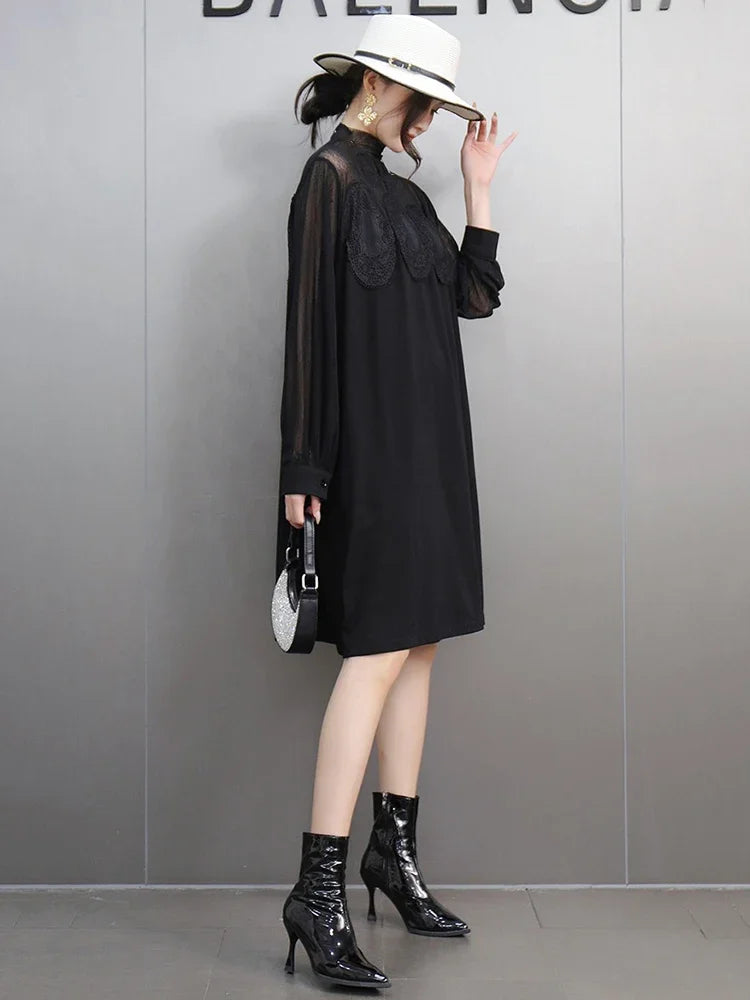 XITAO Casual Loose Fit Solid Color O-neck Dress Mesh Patchwork Lace Full Sleeve Knee-length Straight Autumn Female Dress GMM1092