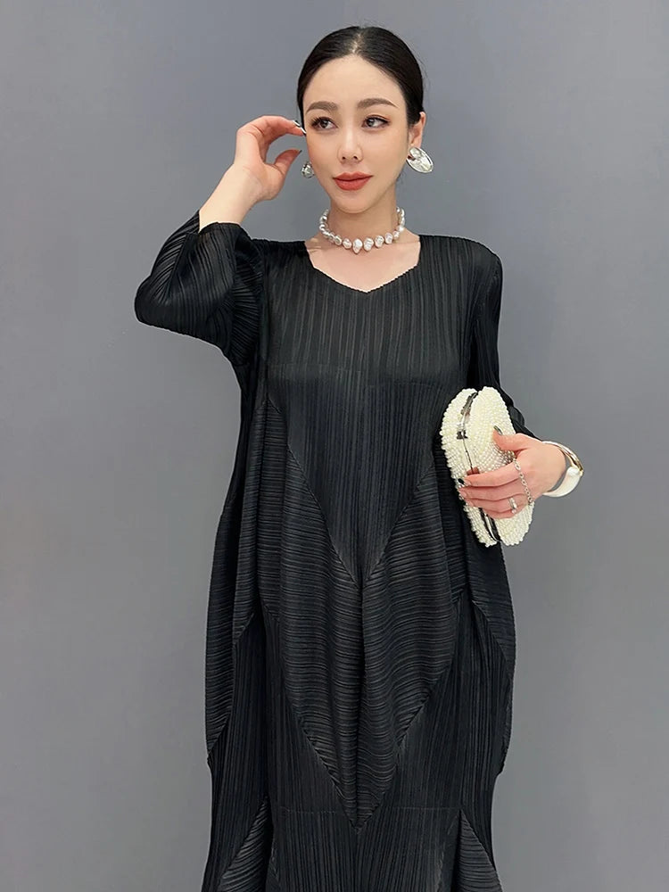 XITAO Irregular Folds Dress Solid Color Temperament Three Quarter Sleeve V-neck Collar Women Dress 2024 Summer New WLD20190