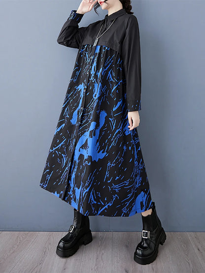 XITAO Patchwork Print Tie-dye Single Breasted Dress Casual Fashion New A-line Full Sleeve Lapel Autumn Female Dress GMM1218