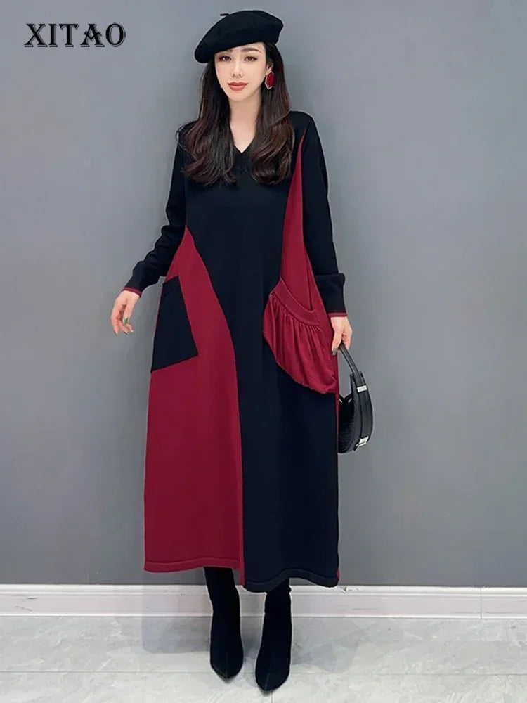 XITAO Patchwork V-neck Knitting Dress Loose Slimming Trend Pocket Women Spring All-match Contrast Color Elegant Dress HQQ1858