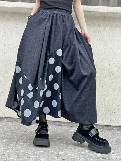 XITAO Asymmetrical Patchwork Dot Skirts Elastic Waist Loose Pocket A-line Mid-calf Fashion Skirts 2024 Summer All Match GJ1007