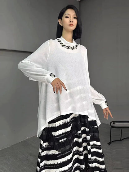 XITAO Embroidered Flares Asymmetrical T-Shirts Solid Color Loose O-neck Long Sleeve Pullover Casual Tops 2024 Autumn New LJ1006