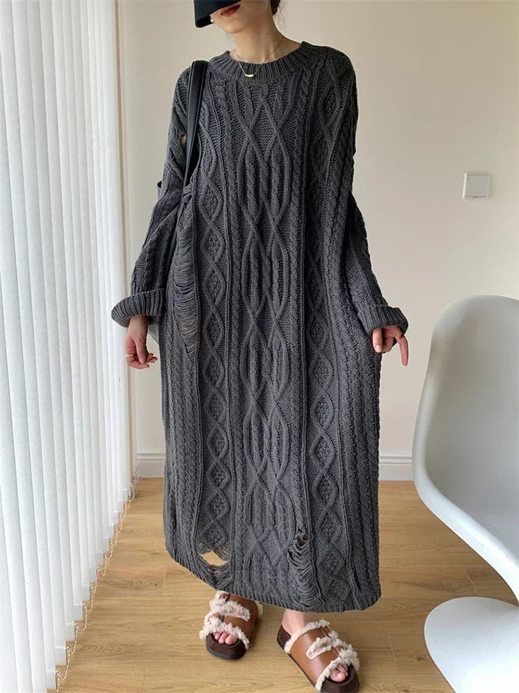 XITAO Hollow Out Loose Knitted Dress Female Comfortable Solid Color Straight O-neck Long Sleeved Pullover Fashion Dress ZZ0118