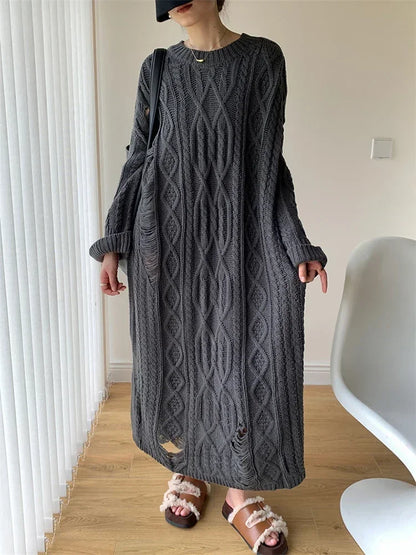 XITAO Hollow Out Loose Knitted Dress Female Comfortable Solid Color Straight O-neck Long Sleeved Pullover Fashion Dress ZZ0118