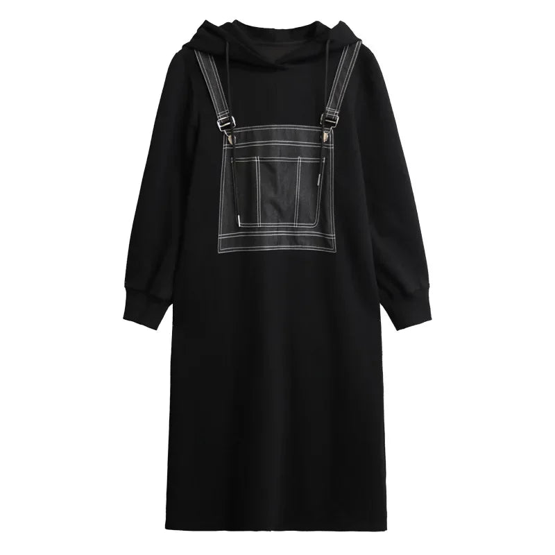 XITAO Fashion Patchwork Solid Color Loose Dress Western Style A-line Mid-calf Pullover Hooded Autumn New Women Dress ZYY1065