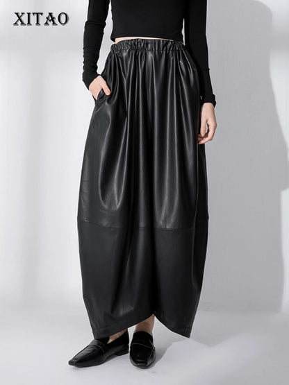 XITAO Pu Wide Leg Pants Black Casual Women Ankle Length Pants Autumn Winter Loose Fashion Solid Color All-match New ZZ0104