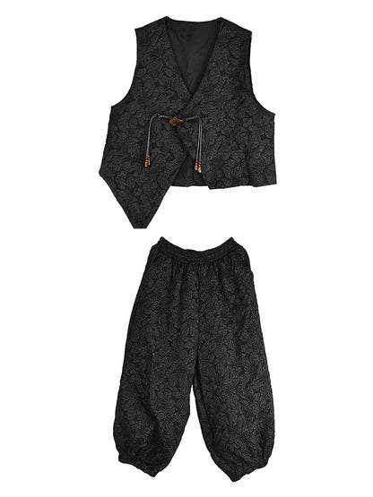 XITAO Single Button Jacquard Irregular Pant Set Vintage Casual Loose Fitting Sleeveless V-neck Autumn Women Pant Set GMM1156