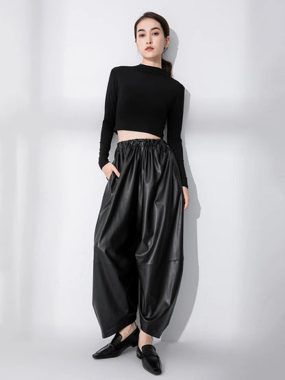 XITAO Pu Wide Leg Pants Black Casual Women Ankle Length Pants Autumn Winter Loose Fashion Solid Color All-match New ZZ0104