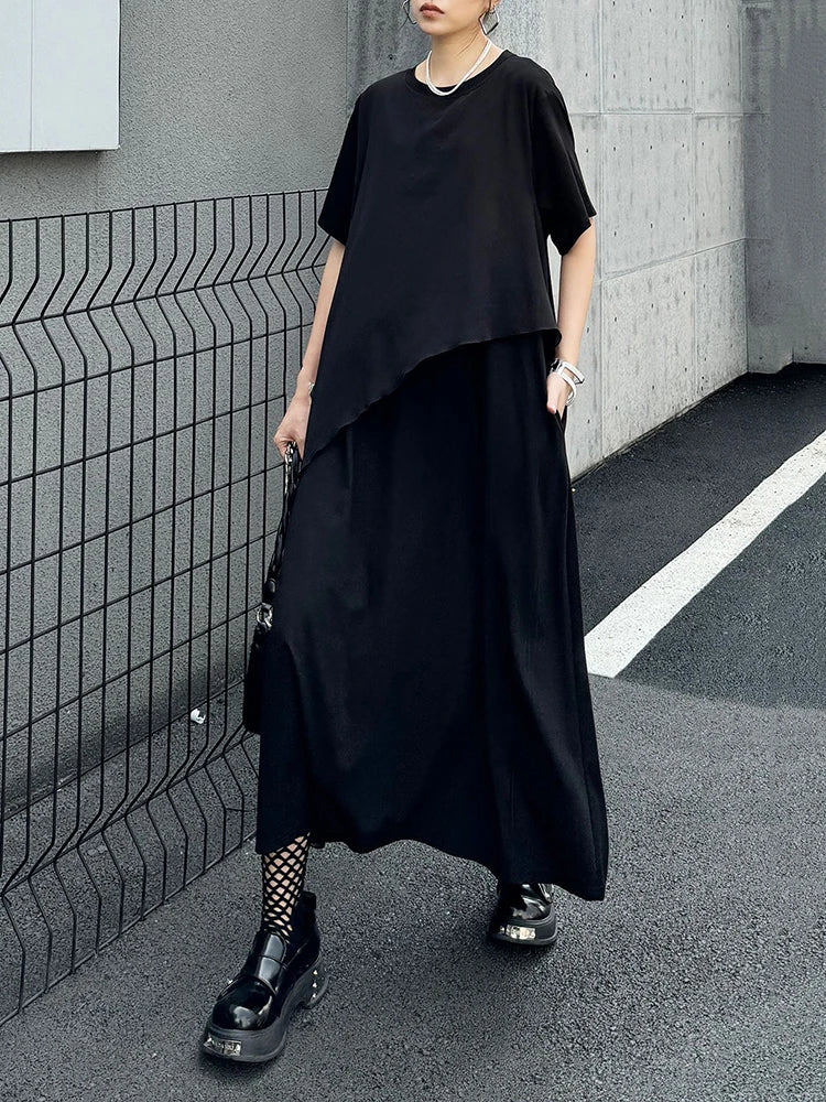 XITAO Black Casual Dress False Two Pieces Asymmetrical Patchwork T-shirt Dress Summer New Simplicity Women HQQ2357