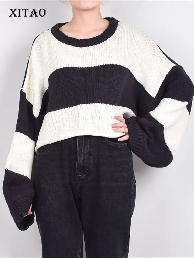 XITAO Spring 2024 New Women Sweater Fashion Contrast Color Knitting Stripe Splicing Pullover Top Loose All-match LDD2222