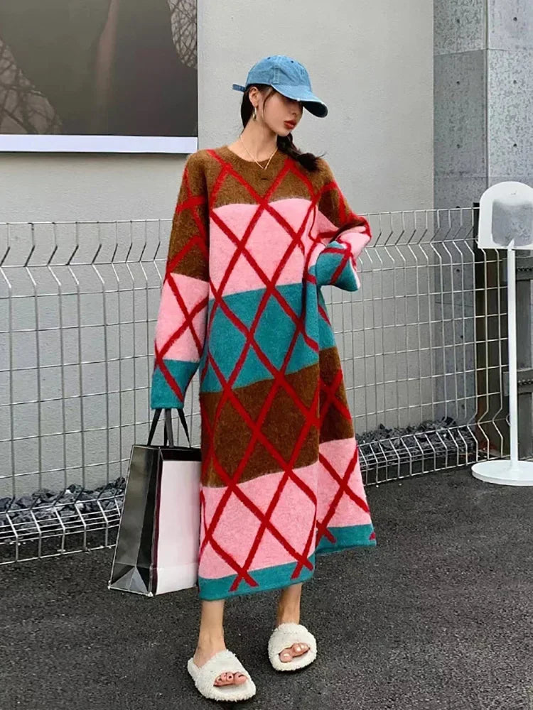 XITAO Fashion Lattice Knit Dress Personality Contrast Color Patchwork Women Spring New Arrival Loose Trend Dress LYD1203