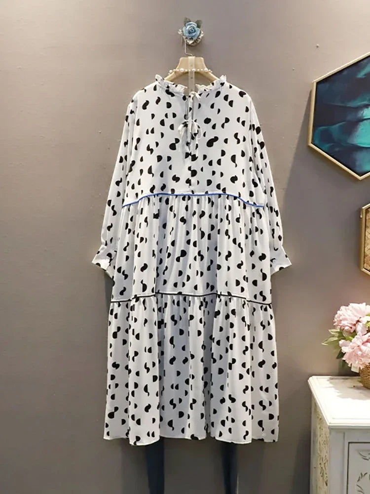 XITAO Simplicity Spot Dress New Splicing Women Spring Fashion Casual Loose Long Sleeve O-neck Collar WMD3033