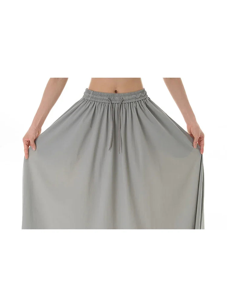 XITAO Bandage High Waist Solid Color Skirts Pocket Loose Folds Show Thin 2024 Summer New Casual Fashion All Match DMJ1130