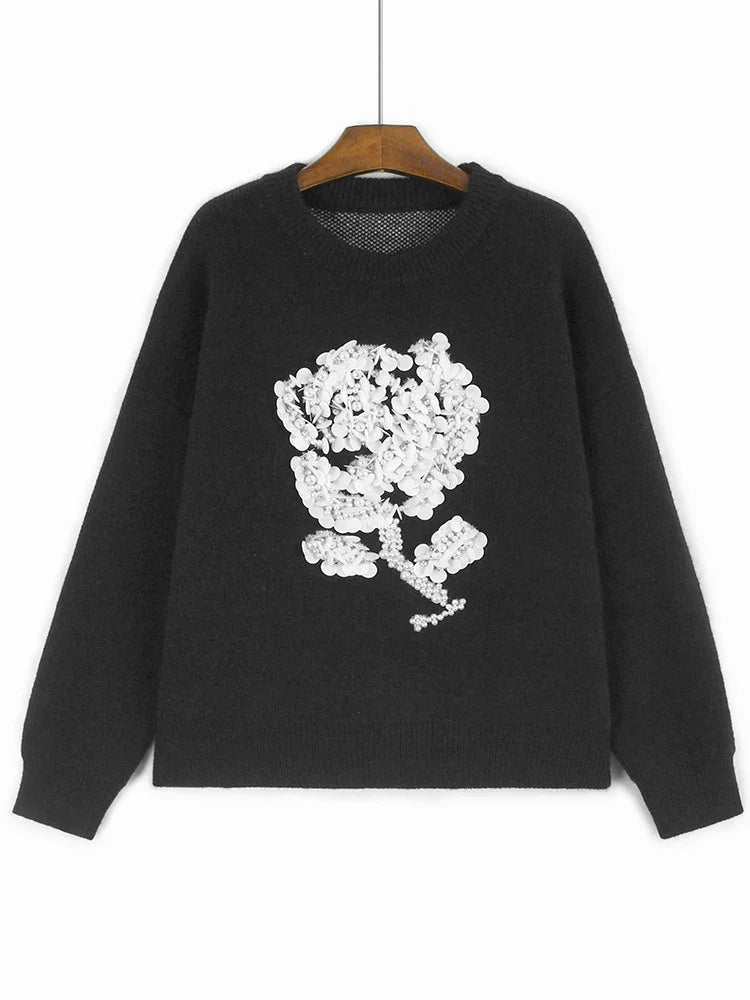 XITAO Flower Solid Color Loose Sweater Patchwork Full Sleeve Pullover O-neck All Match 2024 Autumn Top Women Sweater ZYY1088