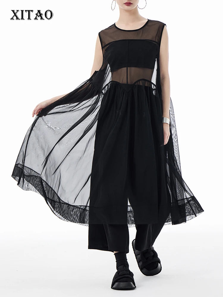 XITAO Black Sleeveless Organza Dress Sexy Perspective Loose Fashion Simplicity Women Summer New All-natch Dress WLD20225