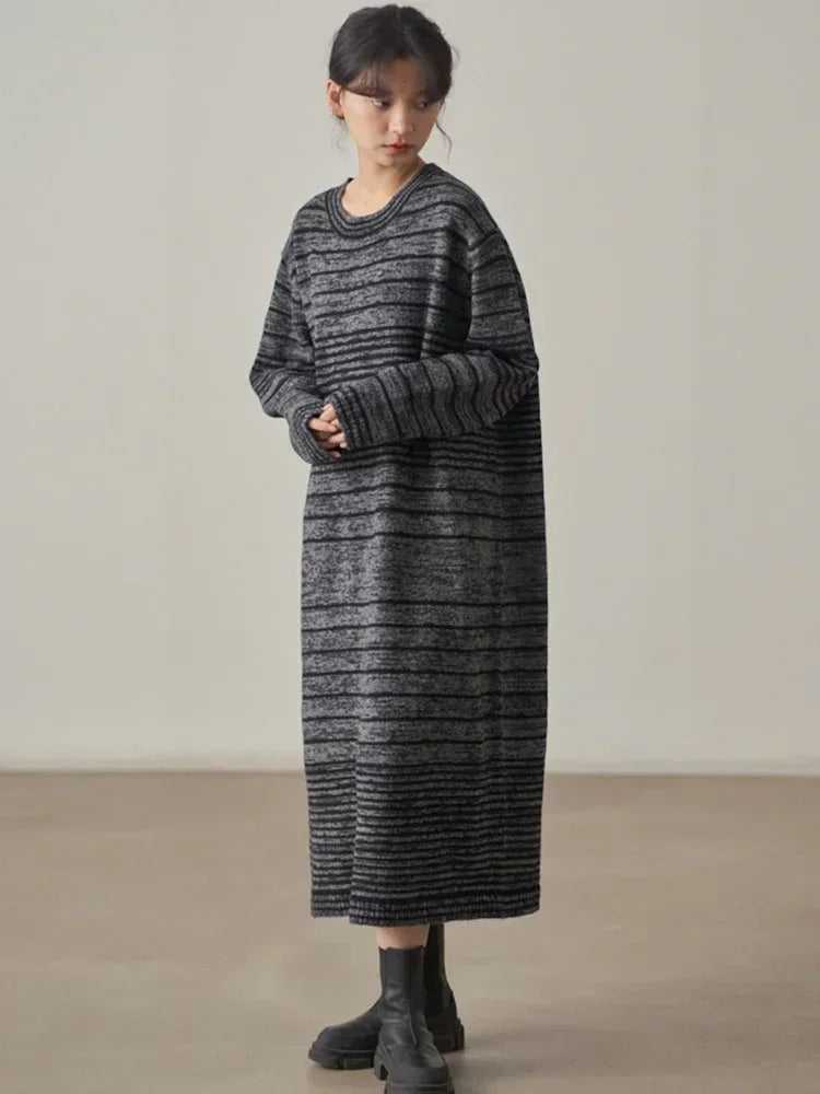 XITAO Striped Knitting O-neck Dress Full Sleeve Loose Casual Pullover Contrast Color Spring Women New All-match Dress DMJ3280