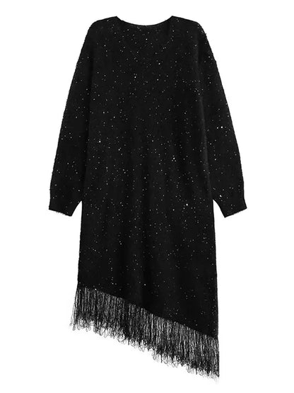 XITAO Sequin Tassel Knitting V-neck Dress Solid Color Long Sleeve Pullover Loose Casual Slimming Temperament All Match GMM1263