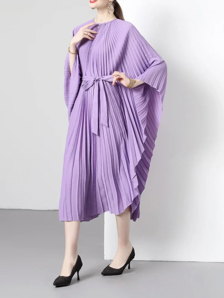 XITAO Pleated Loose Dress Simplicity Temperament Solid Color Bandage Wrist Bat Wing Sleeve Dress Spring New Women HQQ0973