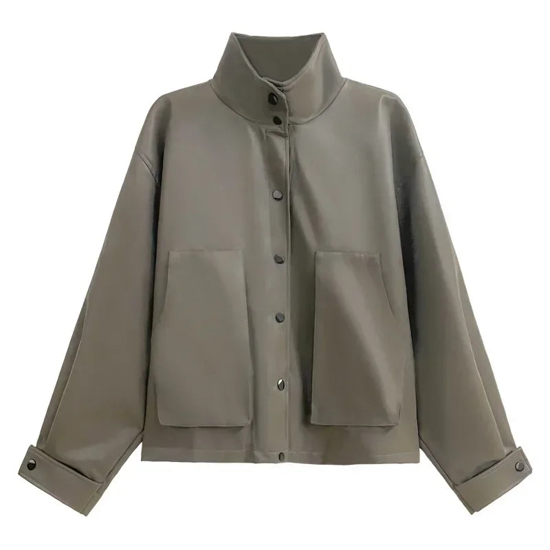 XITAO Fashion Pu Women Jackets Solid Color Loose Simplicity Stand Collar Jacket Coat 2024 Spring New All-match Top ZZ0261