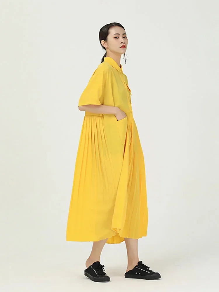 XITAO  Pleated Dress Fashion New Women Single Breast 2024 Summer Patchwork Elegant Style Loose Irregular Dress DMY4747