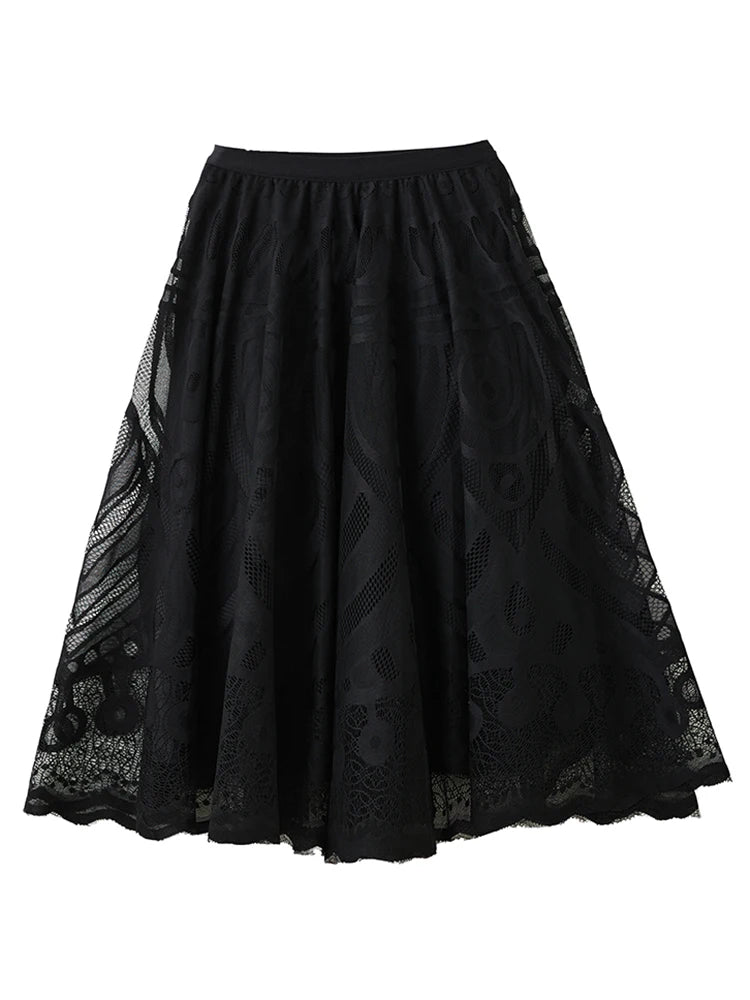 XITAO Black Lace Loose Female Skirts Casual 2024 Autumn A-line Elastic Waist Female All Match Ankle Length Skirt GYX1077