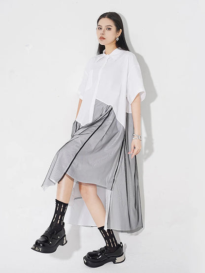 XITAO Mesh Patchwork Female Shirt Dress Casual Simplicity Loose Asymmetrical Hem 2024 Summer New Irregular A-line Dress ZY8655