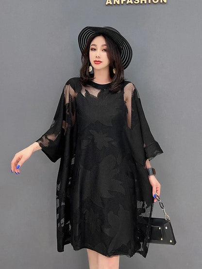 XITAO Black Mesh Jacquard Dress Loose Hollow Out Perspective Net Cloth Mini Dress Summer New Three Quarter Sleeve WMD7032