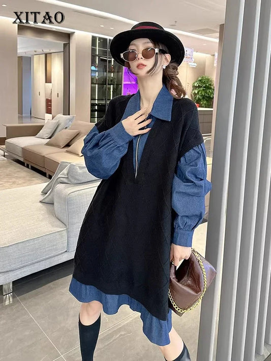 XITAO Knitting Patchwork Zipper Dress Turn-down Collar Pullover Long Sleeve Loose Fashion Knee-Length Dresses 2024 Autumn LJ1061