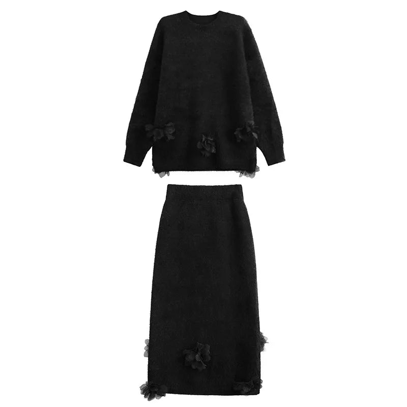 XITAO Three-dimensional Flora Dress Sets Knitting O-neck Long Sleeve Loose Pullover Top Elastic Waist Mid-calf Skirt GMM1242