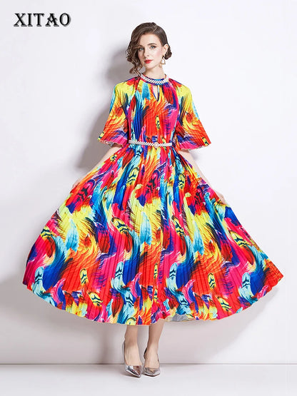 XITAO Pleated Print Dress Beading Stand Collar Fashion Temperament Half Sleeve Women A-ling Dress 2024 Summer New HQQ2359