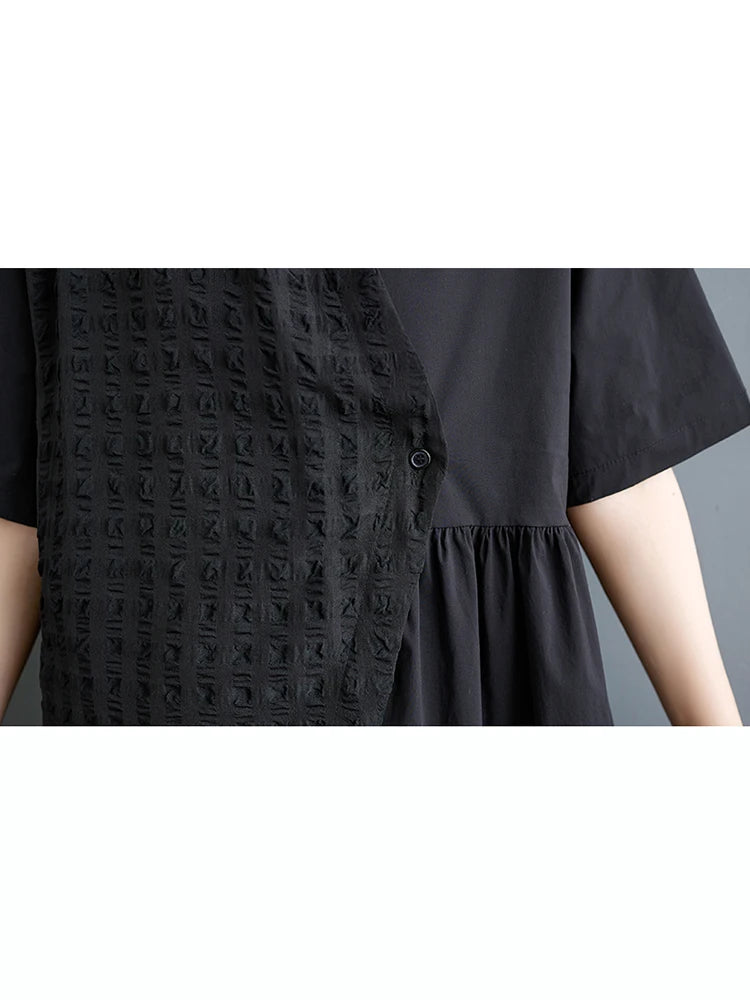 XITAO Asymmetrical Patchwork Lace-up Female Dress Black Fashion Loose Shirt Sleeve Shirt Dress 2024 Summer New Women WLD20199