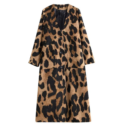 XITAO Leopard Single Breasted V-neck Blends Pocket Patchwork Long Sleeve Loose Fashion Mid-calf Long Coat 2024 Autumn New LJ1063