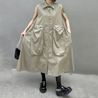 XITAO Big Pockets Sleeveless Shirt Dress Solid Color Loose Fashion Single Breasted Simplicity Turn Down Collar Women GJ1065