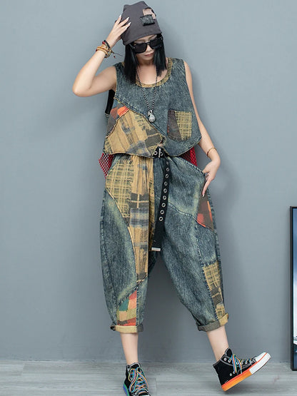 XITAO Personality Patchwork Print Two Piece Set Irregular Vest Casual Loose Harem Pants Fashion Street Trendy Sets ZY8762