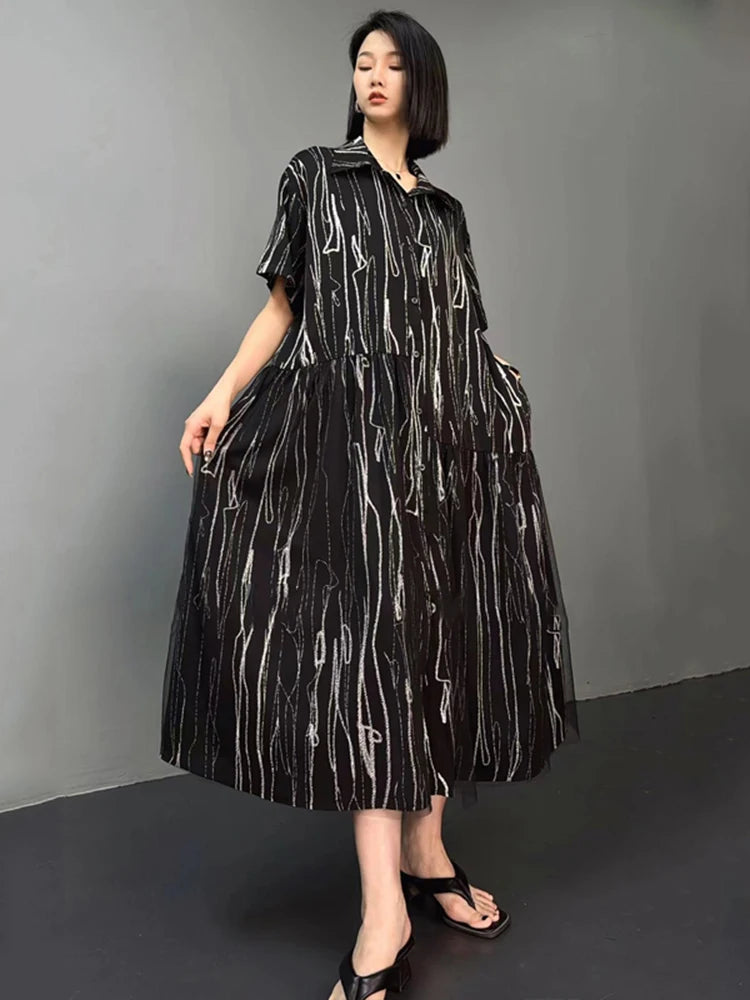 XITAO Asymmetrical Mesh Patchwork Shirt Dress Striped Fashion Loose Simplicity Summer Women Casual Short Sleeve Dress HQQ2369