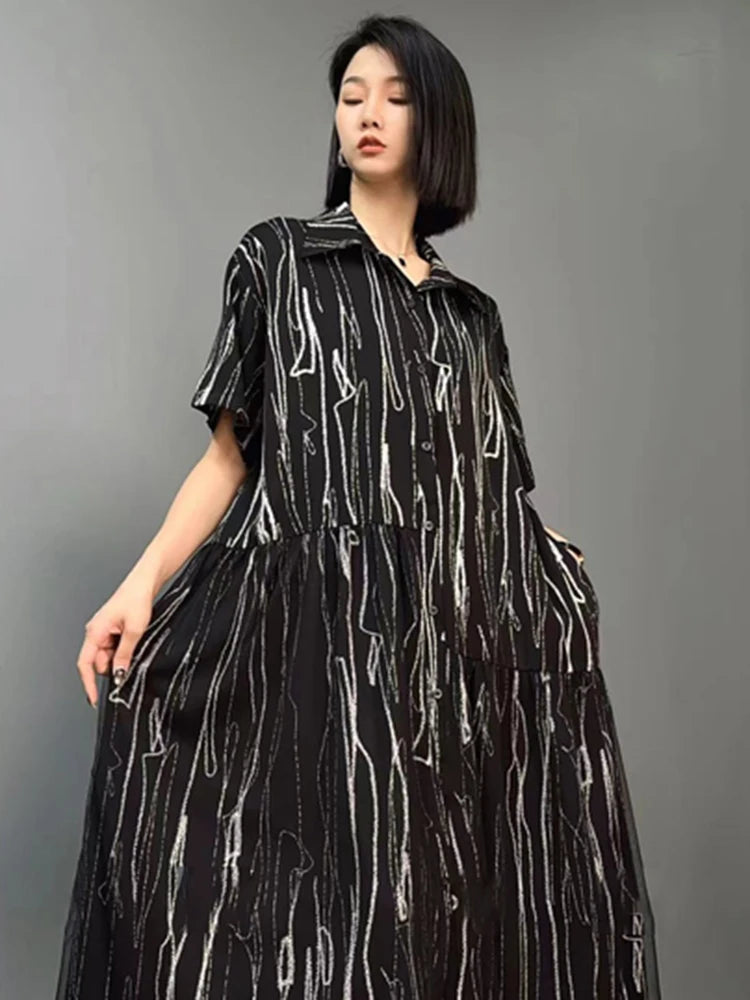 XITAO Asymmetrical Mesh Patchwork Shirt Dress Striped Fashion Loose Simplicity Summer Women Casual Short Sleeve Dress HQQ2369