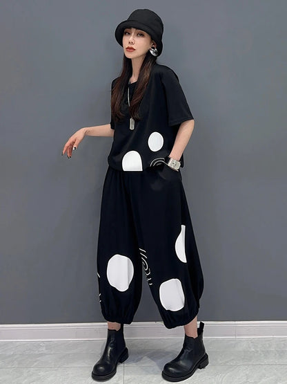 XITAO Printed Dot Pant Set Vintage Short Sleeve Elastic Waist Harlan Pants All Match Loose Fashion Women New Set LYD1811