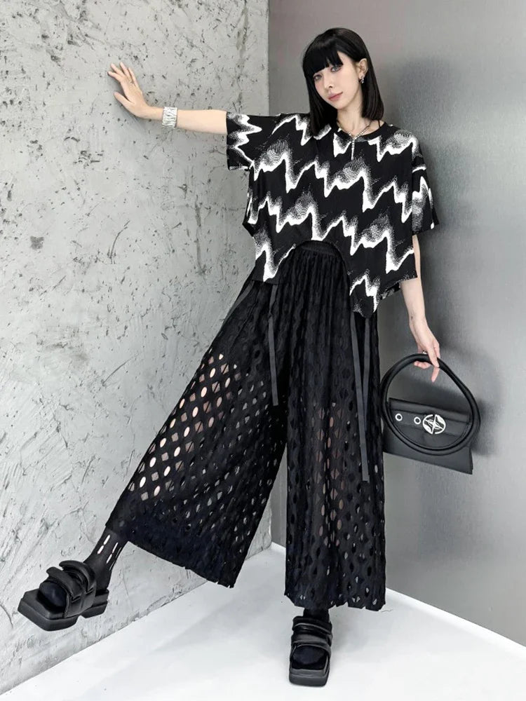 XITAO Hollow Out Lace Patchwork Pants Solid Color Elastic Waist Loose Slimming All Match Fashion Casual Wide Leg Pants GMM1265