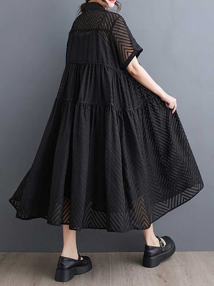 XITAO Black Hollow Splicing Dress Solid Color Turn Down Collar Short Sleeve Single Breasted Summer Women New Dress LYD1801