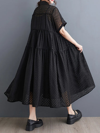 XITAO Black Hollow Splicing Dress Solid Color Turn Down Collar Short Sleeve Single Breasted Summer Women New Dress LYD1801