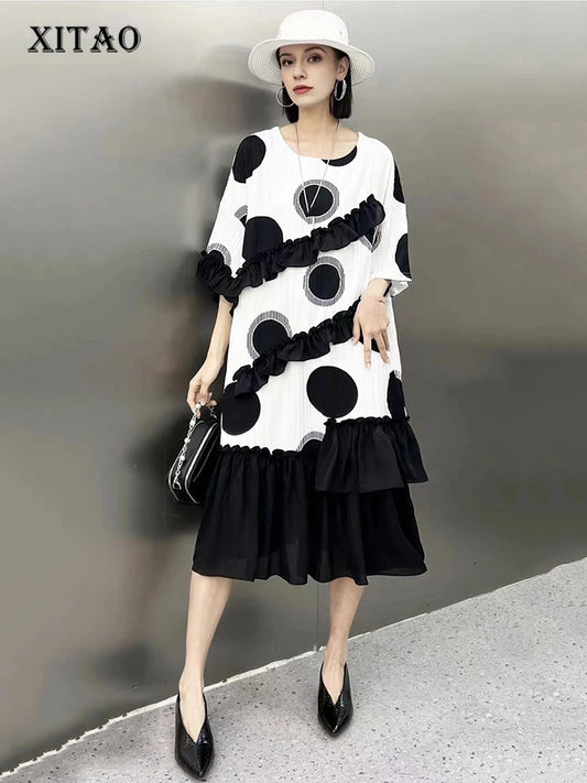 XITAO Casual Chiffon Dress Contrast Color Irregular Ruffled Edge Hem Fashion Loose O-neck Collar Women Pullover Dress LYD1731